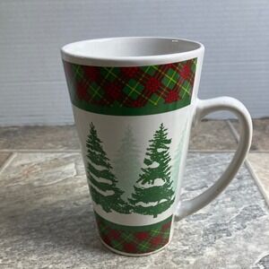 Century Christmas Tree Plaid Mug Tall Ceramic Coffee Tea Holiday Winter